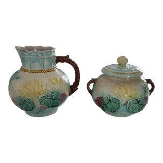 Antique 19th C. English Majolica Pond Lily & Rope Pitcher Set - Samuel Lear For Sale