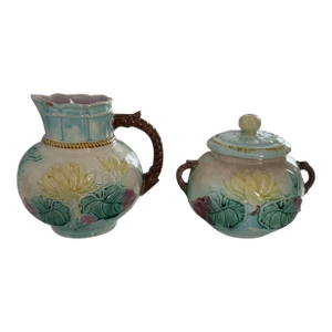 Antique 19th C. English Majolica Pond Lily & Rope Pitcher Set - Samuel Lear