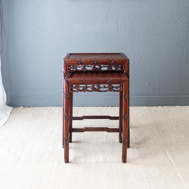 Asian Rosewood Nesting Tables With Carved Bamboo Bird and Flower Fretwork For Sale - Image 18 of 18