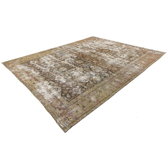 Distressed Antique Mahal Wool Area Rug in Taupe, Warm Brown, and Muted Sage For Sale - Image 4 of 11