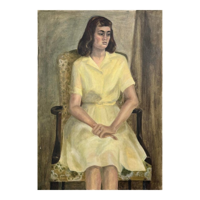 Vintage Realist Portrait of Seated Woman (C. 1950, Oil on Canvas) For Sale
