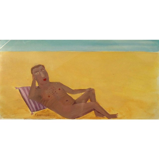 An original gouache on paper by Ann Chamberlin c. early 90s. Subject is a reclining male nude. Painting size approx 7“ x...