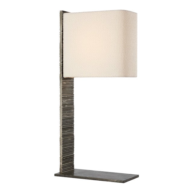Anne-Marie Barton by Visual Comfort Signature Fumar 34" Statement Table Lamp in Ridged Graphite with Bouclé Shade For Sale