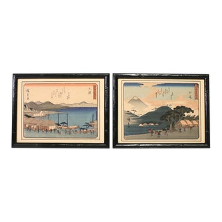 Japanese Woodblock Prints - the 53 Stations of the Tokaido Road & Mount Fuji by Utagawa Hiroshige, a Pair, Framed For Sale