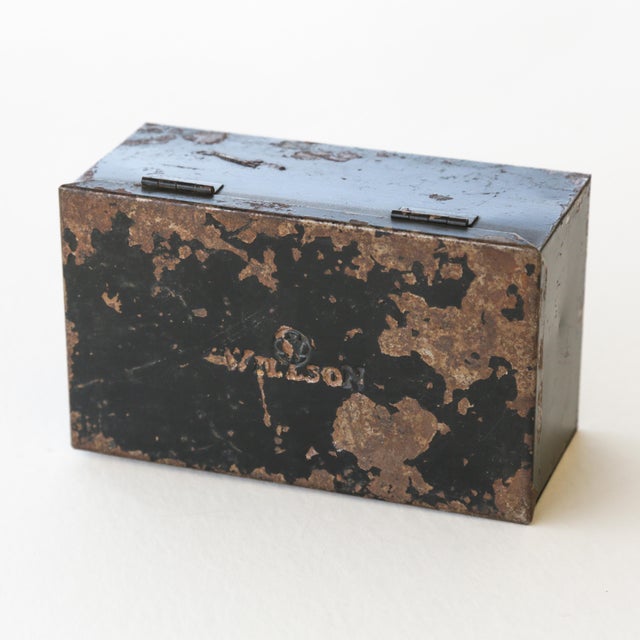 1930s 1930s Vintage Industrial Metal Steel Tool Box With Rusty Patina and Chipping Black Paint For Sale - Image 5 of 17