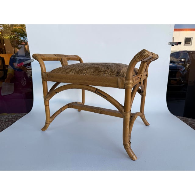 For sale: Vintage Coastal Woven Rattan and Bamboo Pagoda Style Bench/ Stool