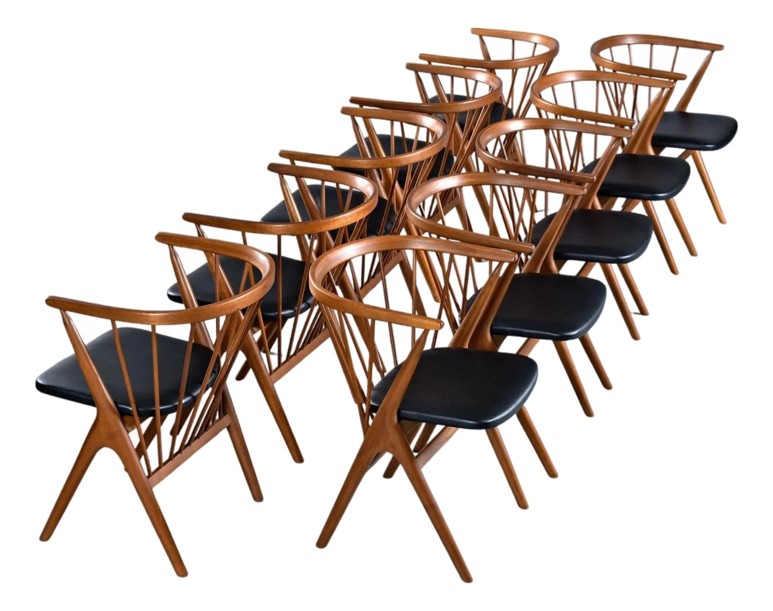 10 Spindle Back Ox Bow Solid Teak Danish Dining Chairs No. 8 by