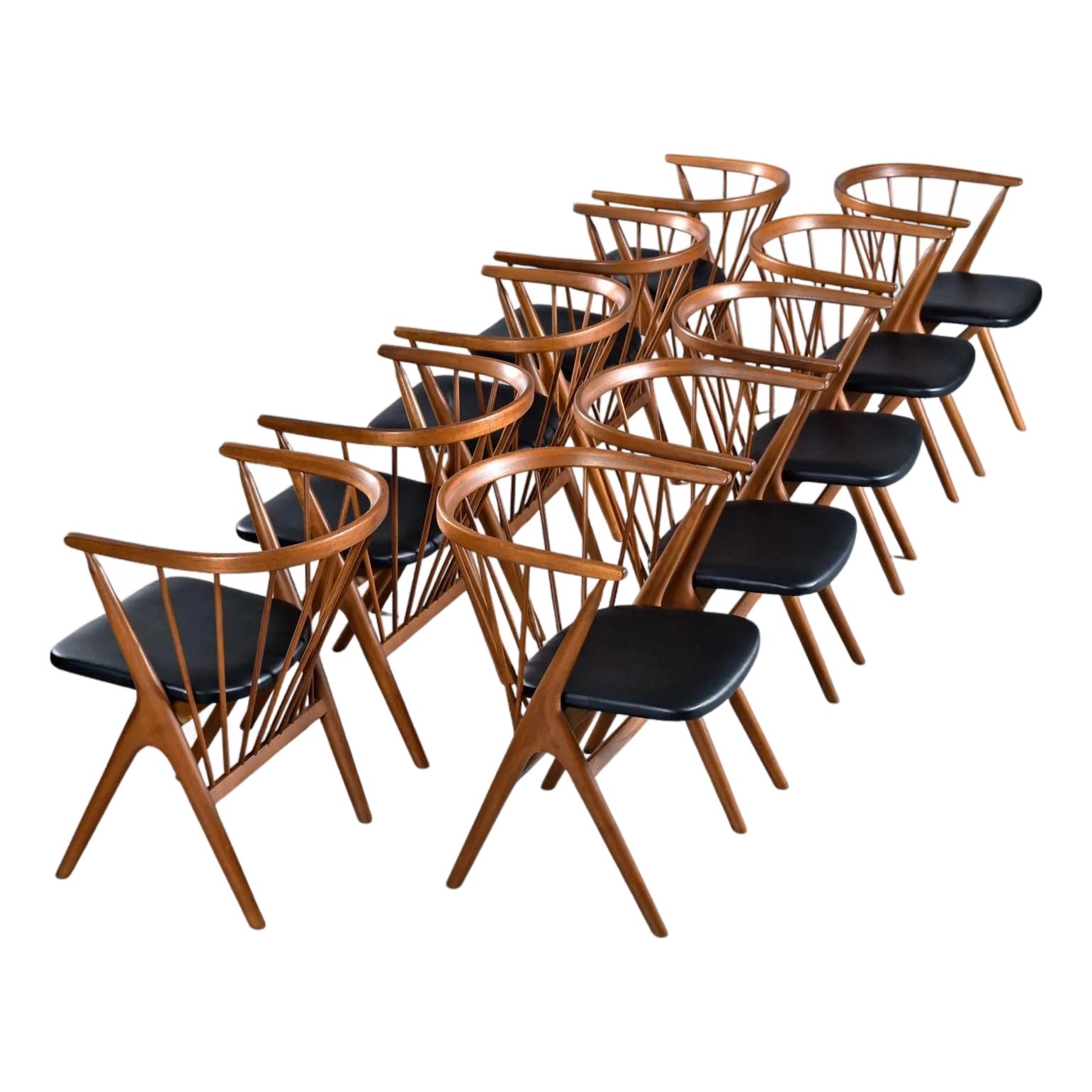 10 Spindle Back Ox Bow Solid Teak Danish Dining Chairs No. 8 by