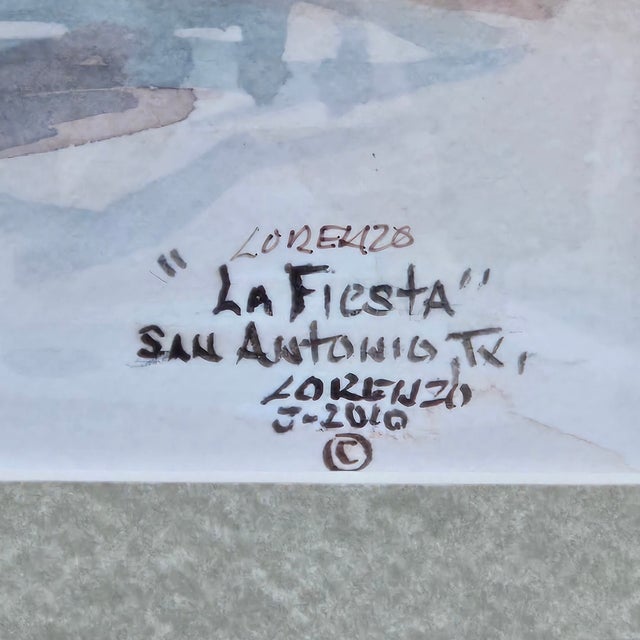 Paint Lorenzo Castñeda 2010 "La Fiesta" Framed Watercolor 23"h X 19"w Beautiful Colorful Western Piece For Sale - Image 7 of 13
