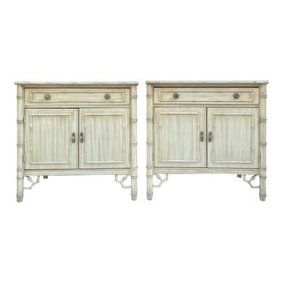 Pair of Thomasville Hollywood Regency Faux Bamboo Nightstands For Sale