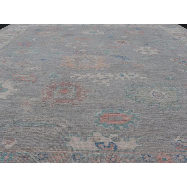 Modern All Over Modern Floral Oushak With a Light Blue-Gray Field and Border With Color For Sale - Image 3 of 12