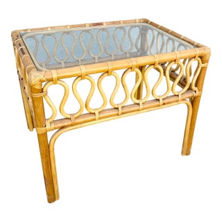 Boho Chic Serpentine Rattan Glass Top Side Table For Sale