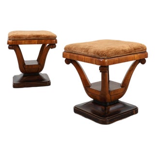 Art Deco Walnut Stools with Fabric, Italy, 1920s, Set of 2 For Sale