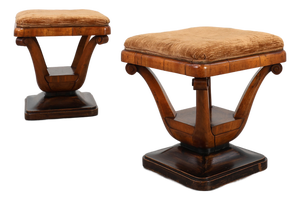 Art Deco Walnut Stools with Fabric, Italy, 1920s, Set of 2