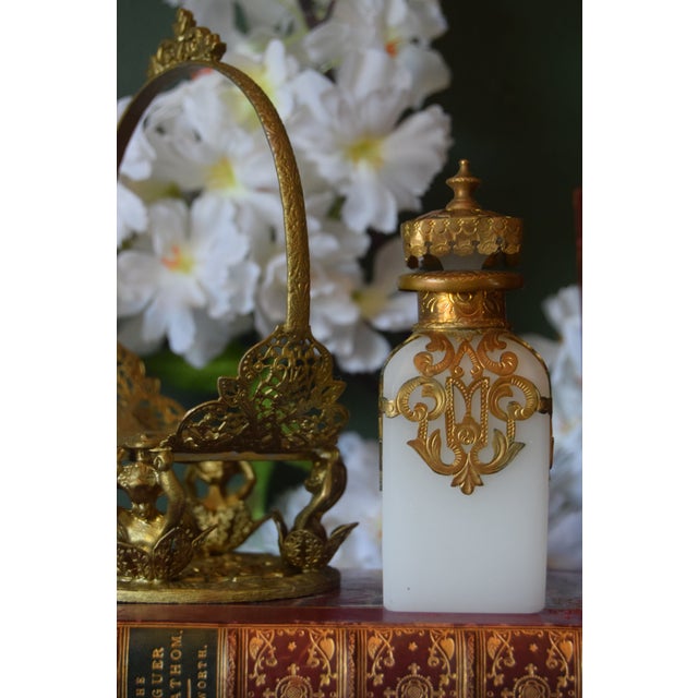 French Antique French Opaline Perfume Bottle in Ornate Ormolu Figural Stand For Sale - Image 3 of 5