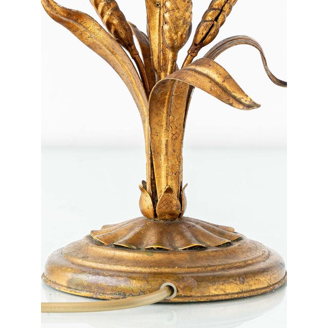 Vintage French Gilt Wheat Sheaf Table Lamp with New Silk Lampshade, 1950s For Sale - Image 9 of 18