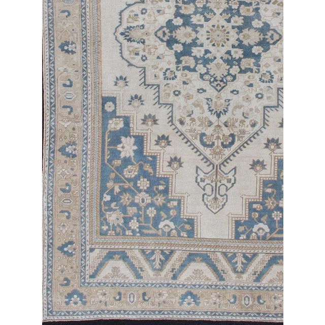 Turkish Vintage Turkish Oushak Rug With Geometric Design in Blue, Taupe and Sand For Sale - Image 3 of 13