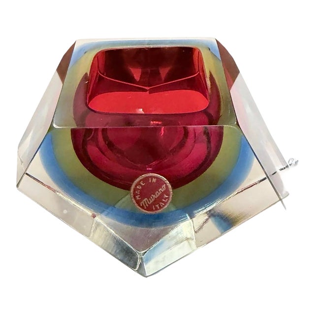 Murano Sommerso Glass Bowl. Red, Green, Blue, Clear. Sticker Present. For Sale