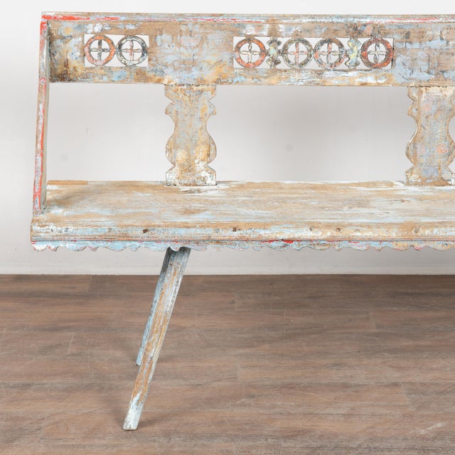 19th Century Hungarian Original Hand Painted Peg-Leg Oak Bench For Sale - Image 12 of 17