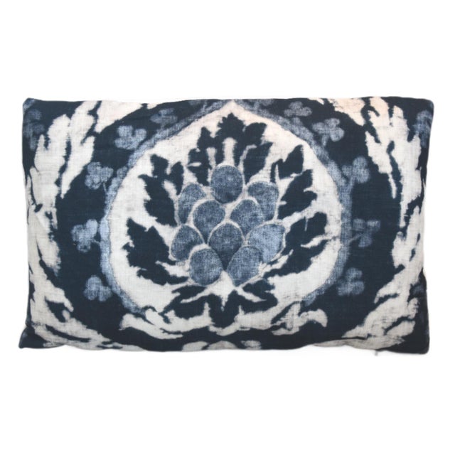 Custom-tailored designer pillow in Schumacher "Abaza Resist" linen-blend fabric, in a beautiful indigo blue and white...