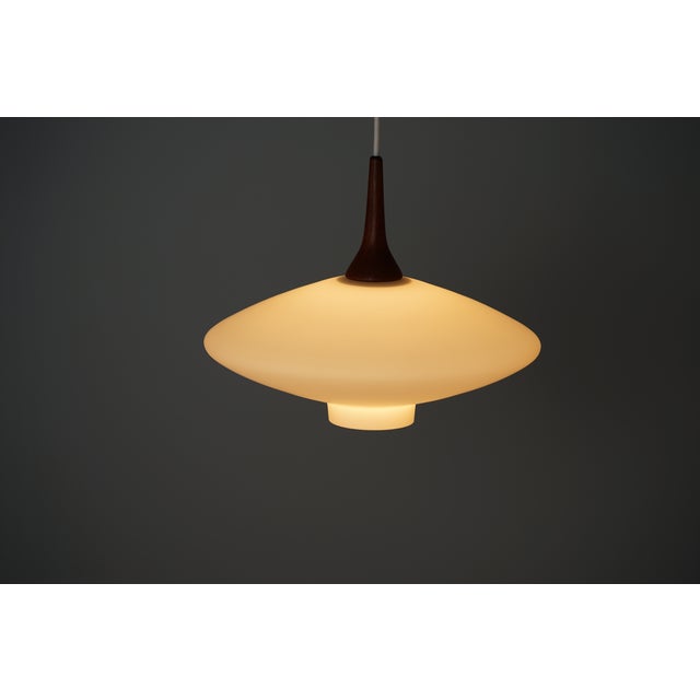 1960s Mid-Century Modern Danish UFO Lamp in Opal Glass and Teak, 1960s For Sale - Image 5 of 15