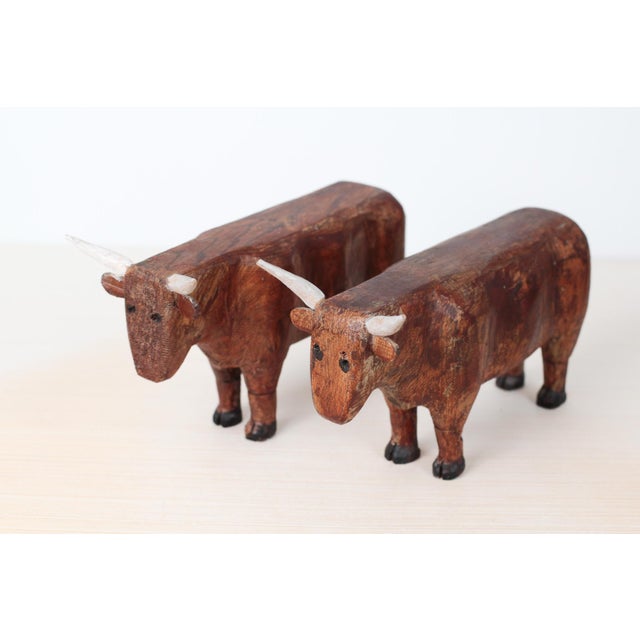 Brutalist Mid-Century Folk Art Hand-Carved Wooden Bull Sculptures For Sale - Image 3 of 16