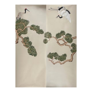 Hand-Painted Beige Chinoiserie Pine & Crane Mural Panels | Asian Botanical Wall Art Set of 2 For Sale