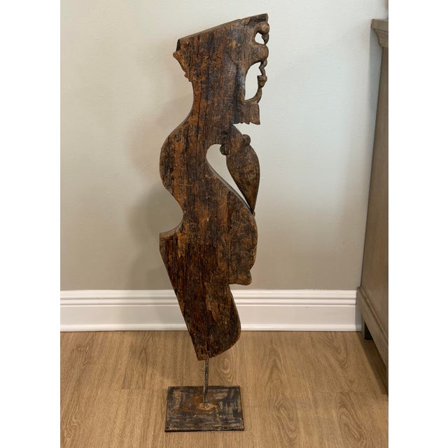 Wood Vintage Indian Carved Wood Architectural Fragment on Iron Candle Stand For Sale - Image 7 of 12