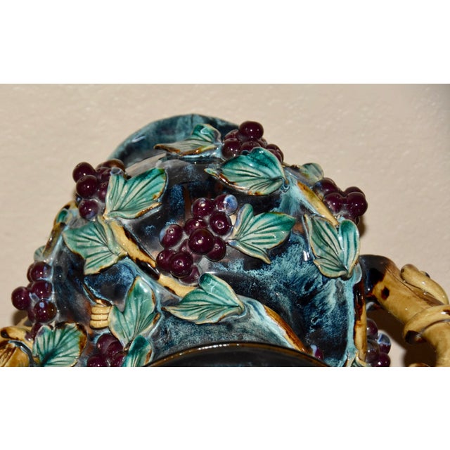 Metal Antique Majolica Flambé Vase/Urn Relief Grapes Leaves For Sale - Image 7 of 8