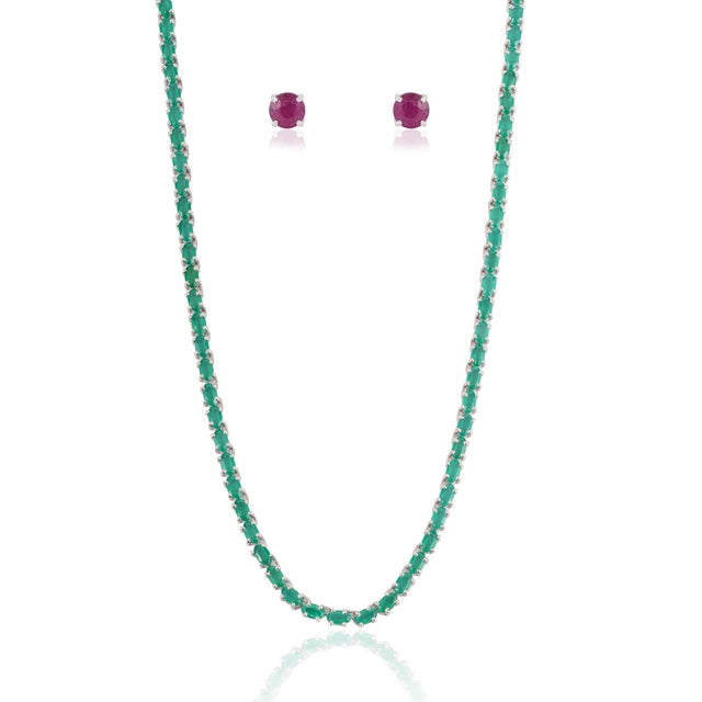 Not Yet Made - Made To Order Regal 17.45 Ct Green Onyx Necklace & 1.58 Ct Round Ruby Stud Earrings Jewelry Suite 3 Pieces For Sale - Image 5 of 16