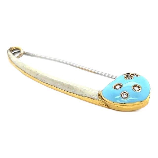 Aaron Basha Diamond Enamel Baby Safety Pin Brooch For Sale