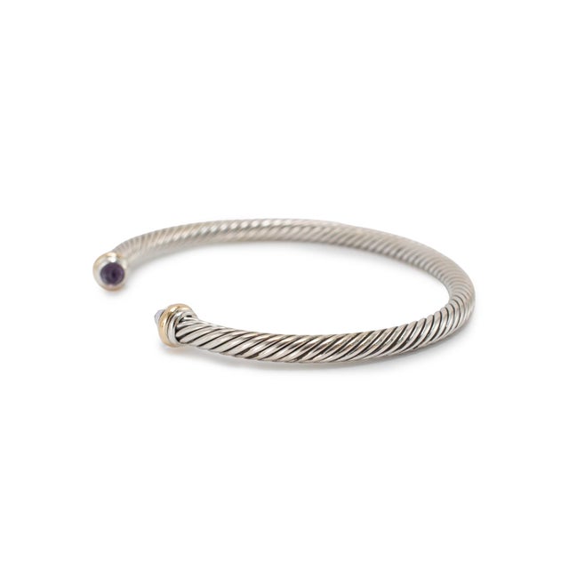 David Yurman David Yurman Classic Cable Silver & 18k Gold 4mm Amethyst Cuff Bangle Bracelet For Sale - Image 4 of 8