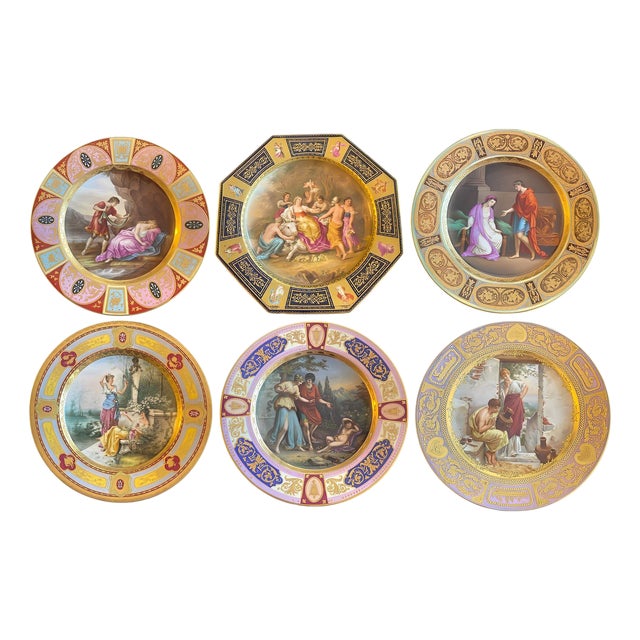 Collection of 6 Royal Vienna Porcelain Plates W/ Hand-Painted Scenes. Late 19th. For Sale