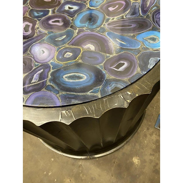 Black Large Custom Wooden Fluted Column Pedestal W/ Faux Purple Agate Painted Top Pair For Sale - Image 8 of 12