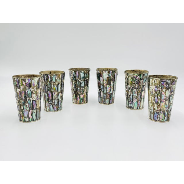 1950s Mexican Brass & Abalone Shell Tray With Five Alpaca Tumblers, Signed LMG For Sale - Image 10 of 18
