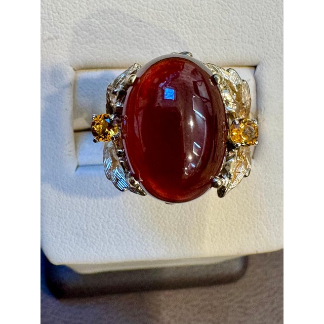 10.5 Carat Oval Garnet Cabochon 14 Karat Yellow Gold Cocktail Ring Vintage For Sale - Image 10 of 18