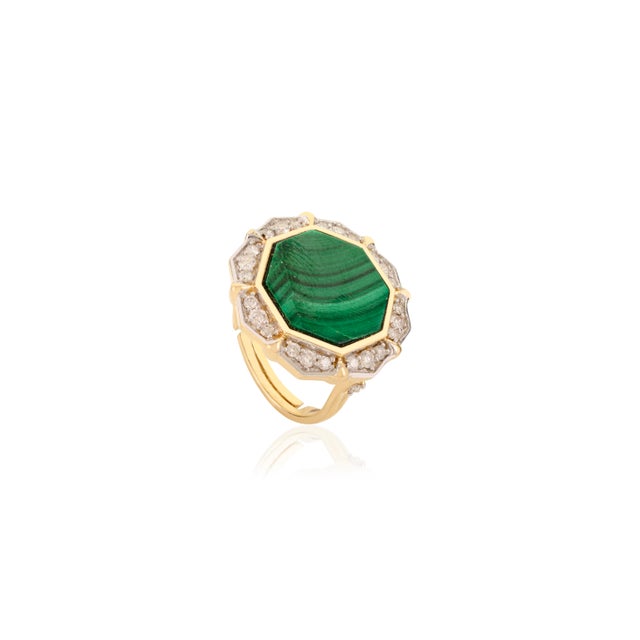 Contemporary Malachite Diamond Contemporary Cocktail Ring Size 6.5 for Women in 14k Gold For Sale - Image 3 of 9