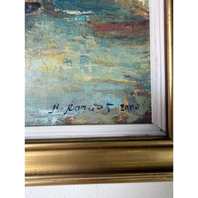 Blue Vintage European Impressionist River Cityscape Oil Painting on Canvas – Framed For Sale - Image 8 of 10