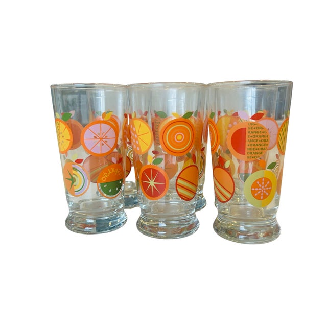 Libbey Glass Co. Vintage Libbey Citrus Juice Glasses Set of 6 – Mid-Century Modern Orange Slice Tumblers, 1960s–1970s Retro Barware For Sale - Image 4 of 8