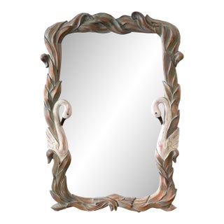 Solid Wood Carved Hand Painted Swan and Palm 50" Tall Mirror For Sale
