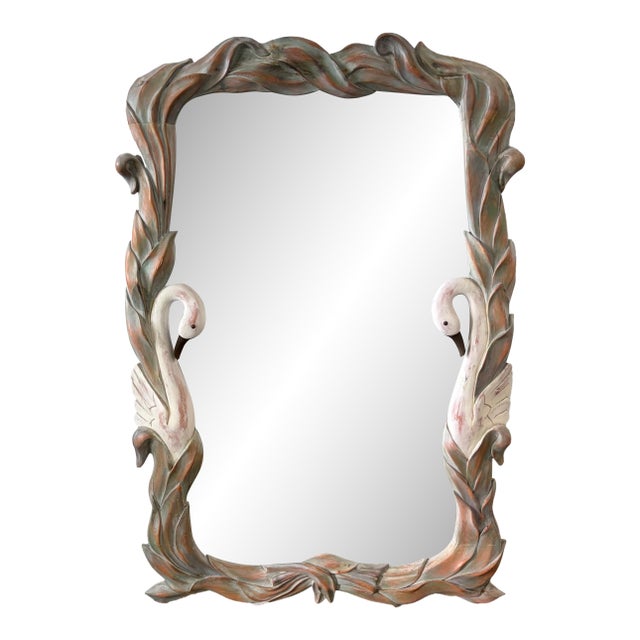 Solid Wood Carved Hand Painted Swan and Palm 50" Tall Mirror For Sale
