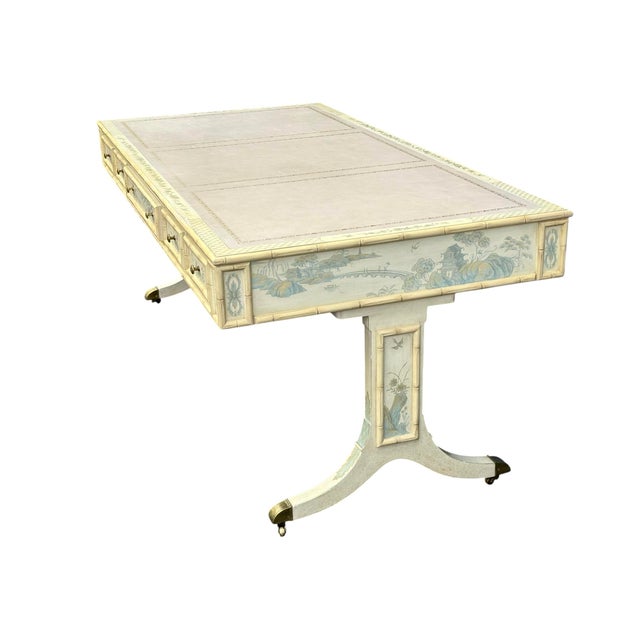 Chinoiserie Faux Bamboo Blue and Creme Toile De Joy Chinoiserie Large Leather Top Executive Desk For Sale - Image 3 of 12