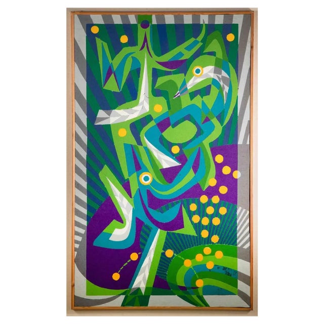 Leo Guida, Violet and Green Composition, Oil Painting, 1970s For Sale
