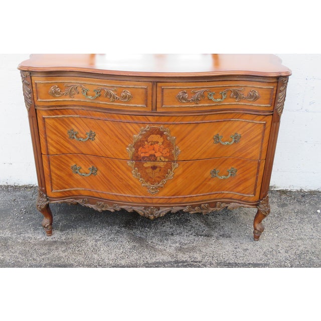 French Early 1900s Inlay Carved Dresser Bathroom Vanity and Mirror For Sale - Image 16 of 18