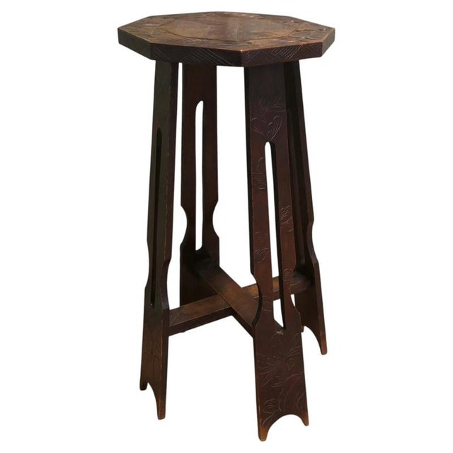 Wood Antique Arts and Crafts Carved Elm Octagonal Plant Stand from Liberty & Co, 1880 For Sale - Image 7 of 7