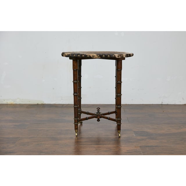 19th Century 19th Century English Faux Bamboo Side Table with Zebra Hide Top and Casters For Sale - Image 5 of 12