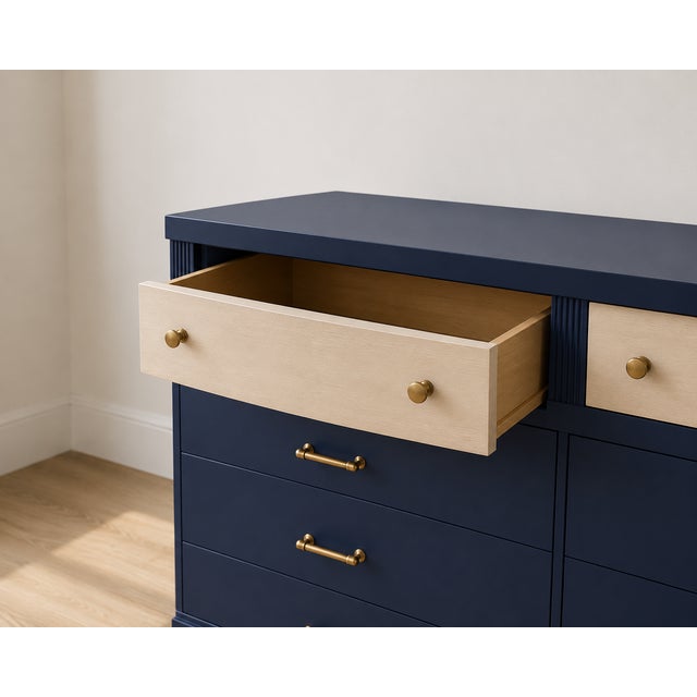Transitional Navy Blue 8-Drawer Dresser With Bleached Ash Drawers & Satin Brass Hardware For Sale - Image 3 of 3