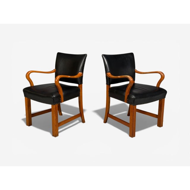 Danish Mid-Century Modern, Fritz Hansen Style, Armchairs, Black Leather, Bentwood, Denmark, 1960s Pair of occasional...