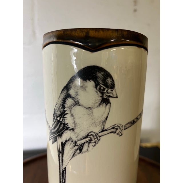 Ceramic Laura Zindel Hand Made Stenciled Chickadee Earthenware Vase For Sale - Image 7 of 8