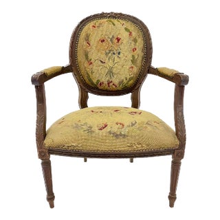 Antique Floral Needlepoint Medallion Back Chair For Sale